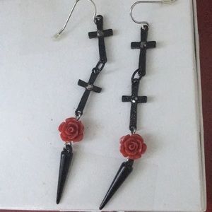 Black Rose Cross Earrings Goth